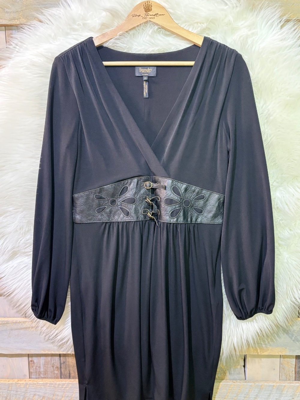NWT [laundry · Shelli Segal] Y2K Black Long V Leather Corset Belt Dress | 10